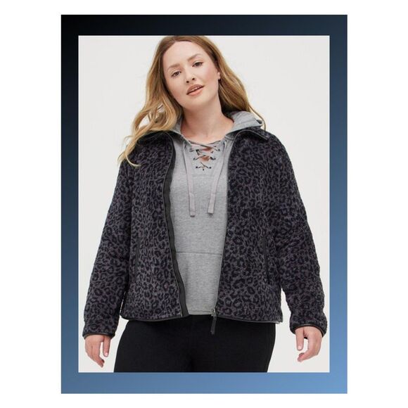 Torrid Faux Shearling Charcoal Leopard Print Grey Zip Front Jacket Size 1X 14-16 - Picture 1 of 7